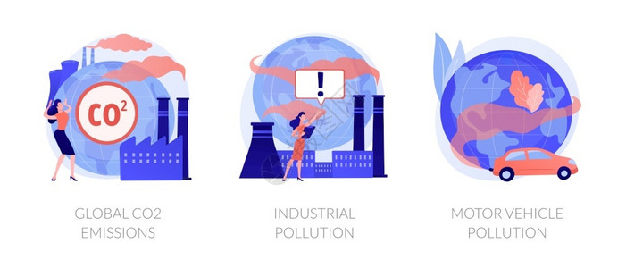 全球二氧化碳排放工业污染机动车辆概念图插画