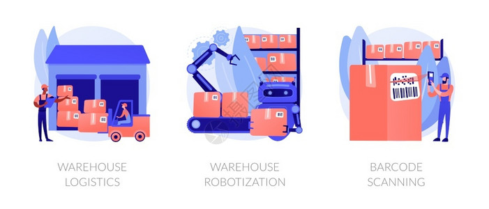 检查仓库制造管理和现代技术实施隐喻仓库物流产品储存机器人化条形码扫描抽象概念矢量说明集制造管理和现代技术实施抽象概念矢量说明集插画