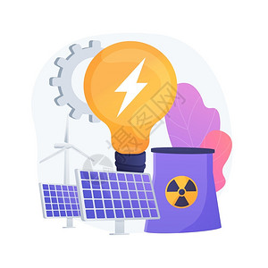 核雕生态友好型电力风农场太阳能电池核厂可持续能源资绿色发电技术矢量孤立概念比喻图替代能源病媒概念比喻插画