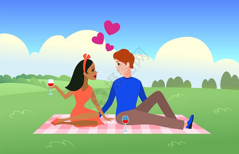 在公园里野餐的小情侣卡通矢量插画图片