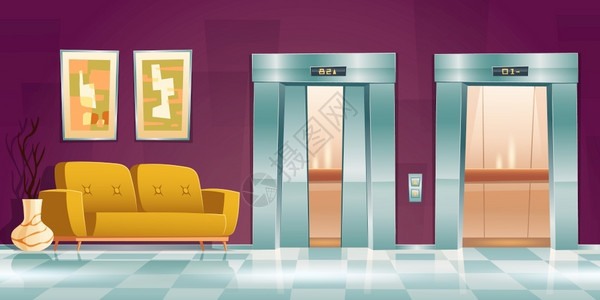 酒店电梯办公室或旅馆有客机舱按键板和地面指示器卡通矢量插图插画