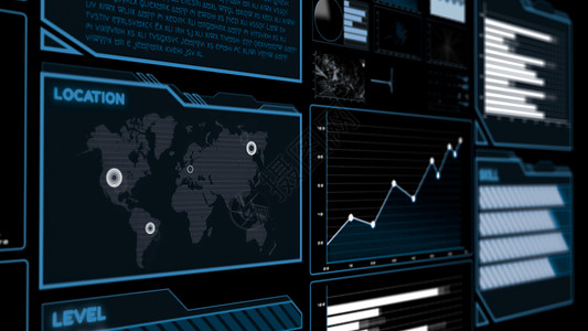 世界地图科技背景未来用户界面仪表板用于在信息图表中分析大数据HUDGUI文本数字技术概念的图形元素3D插图背景