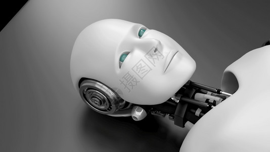 未来机器人躺在床上工智能CGI在黑背景上机器人3D制作动画插图背景图片