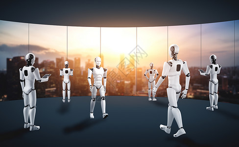 3D使机器人在未来的办公室内部工作图片