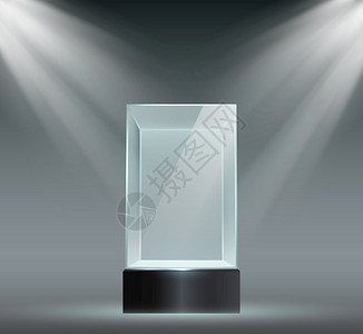 玻璃展示透明塑料立方体空产品或带有聚光灯的博物馆以块形显示棱晶代表展品矢量集突出显示棱镜展空产品或博物馆以聚光灯的块状显示插画