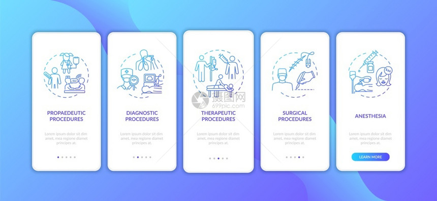 医疗程序类型装有概念的移动应用程序页面屏幕诊断和治疗经历五步图形指示配有RGB彩色插图的UI矢量模板装有概念的移动应用程序页面屏图片