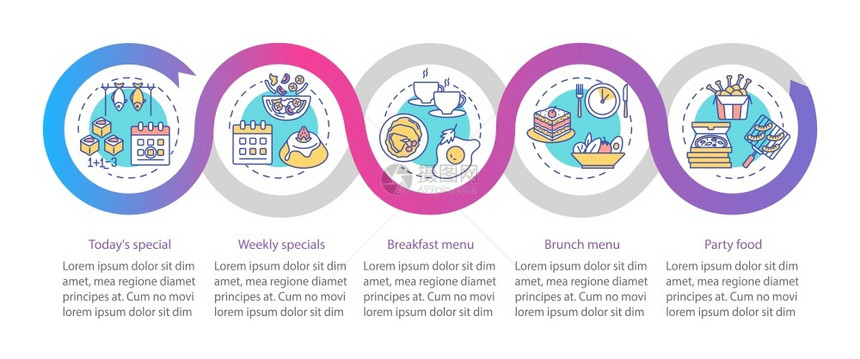 特别提供矢量信息图模板餐厅折扣菜单展示设计元素数据可视化包括5个步骤进程时间表图工作流布局包括线图标特别提供矢量信息图模板图片