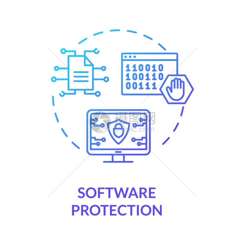 软件保护概念图标内容数据防御装置概念细线插图网络安全措施反程序安全编码矢量孤立图示RGB彩色绘图图片