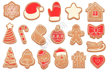 圣诞之星Gingerbread圣诞饼干新年钟圣诞节树雪花和星Santa和雪人姜饼家用矢量组合饼干形式为礼品盒心脏手套和弓Gingerbr插画