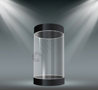玻璃瓶展示透明塑料箱空产品或带聚光灯的博物馆展出览代表矢量带照明的胶囊安全容器展览代表出矢量背景图片