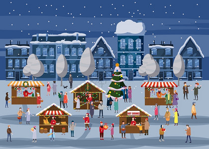 圣诞节市场或假日在广场圣诞树人们在装饰的摊位树冠或之间行走购买零食软糖装饰品和喝热咖啡茶甜酒圣诞市场或节假日在广场的户外交易树冠背景图片