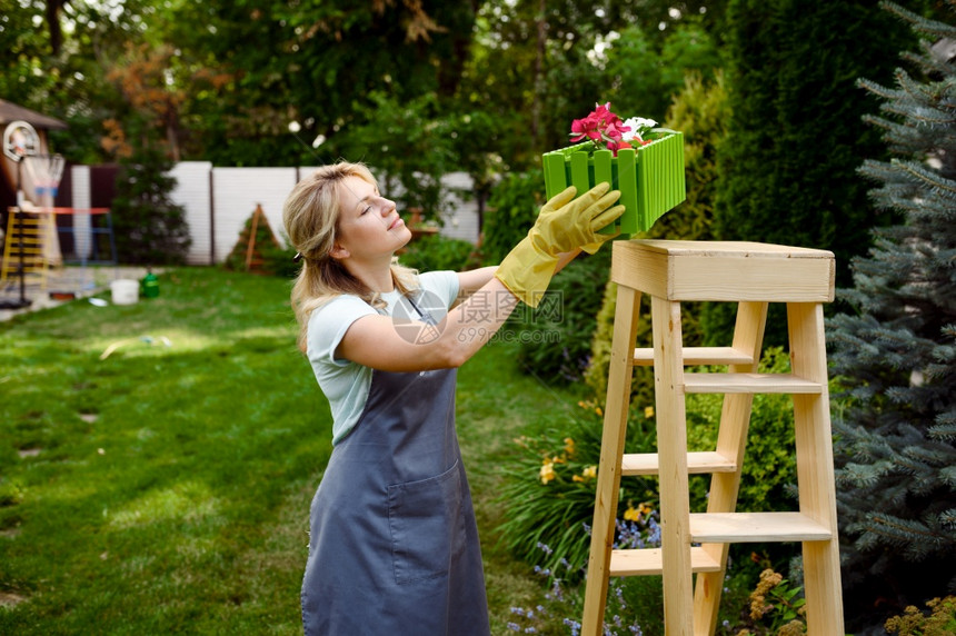 女园丁照顾户外的植物园艺爱好花卉的生活方式和休闲图片