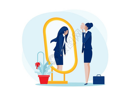 靠自己生活抑郁面具商业妇女用镜子站立视自己为背后的影子抑郁和工作场所自信的忧郁概念矢量说明插画