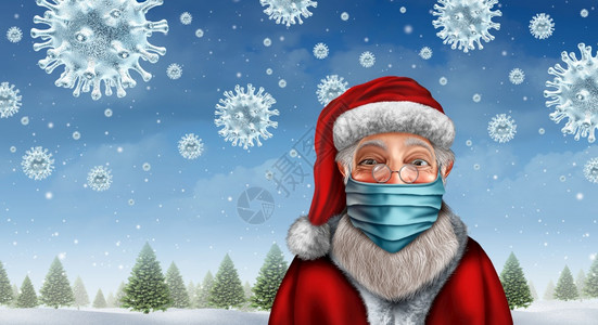 雪花与光晕圣诞老人戴面罩概念作为圣诞节日的标志用于预防冠状和新冠的健康和保疾病以及作为3D成因的雪状新冠19或流感背景