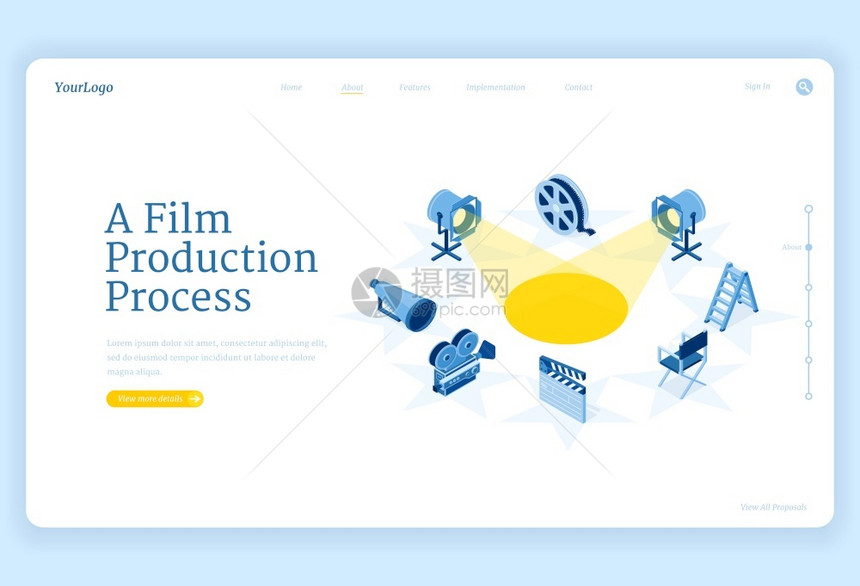 电影生产等量着陆页电影制作过程和设备照相机聚光灯扩音器和带梯子的和的轮椅摄像头第3级矢量网络横幅周围的导演椅台图片