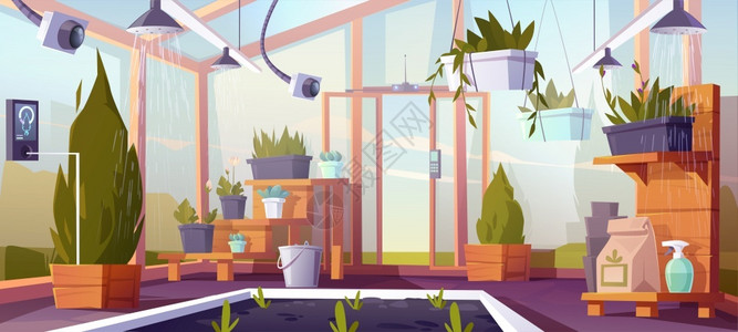 温室自动控制植物生长和供水的数码装置机器人插画