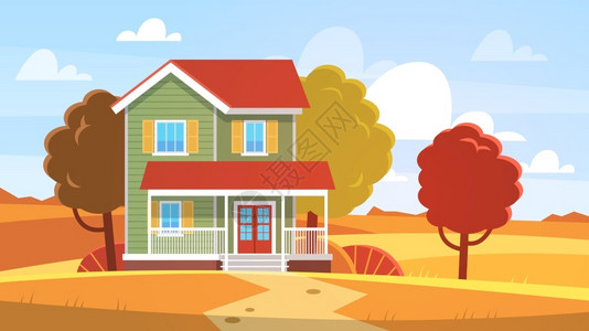 欧家梯田秋天的房子家黄橙树和山丘前面的建筑农村小屋季节海报插画