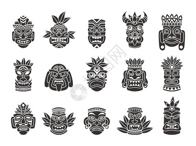 阿提基Idol面罩黑色双影仪式图腾部落神蒂基古印度人或非洲文化传统的外来马雅或阿兹泰克木质象征多民族纹身模式面部具矢量孤立装置插画