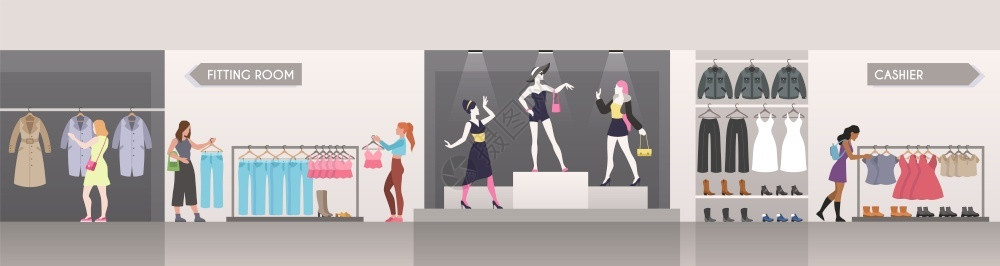 推拉门衣柜模型商店中选购服装的女人卡通矢量插画插画