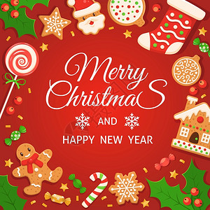 Gingerbread背景圣诞快乐和新年的红海报包括姜饼甘蔗糖果和棒礼品冬季装饰矢量的十美节明信片或带文字的横幅圣诞快乐和新年海背景图片