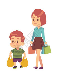 礼貌礼仪妈妈和孩子提着购物袋插画