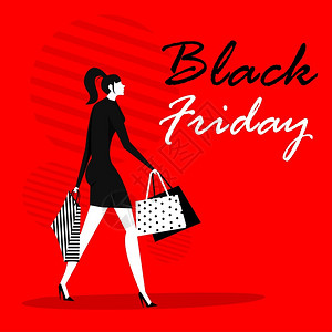 圣诞美女购物拎购物袋黑色星期五女孩购物袋用平板卡通风格的矢量插图插画