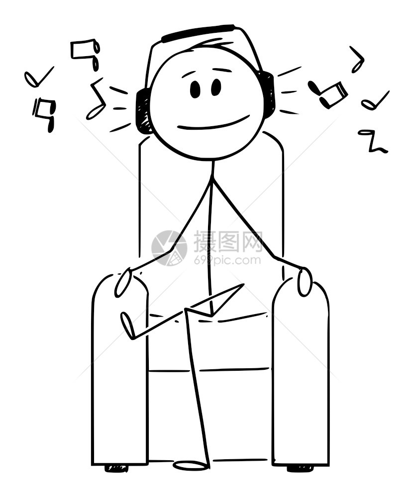 矢量卡通插图绘制用耳机坐在扶椅上听音乐并享受的人概念插图图片