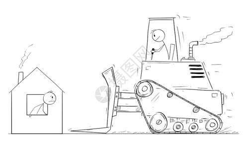 矢量卡通插图绘制推土机拆除小家庭房屋的概念图高清图片