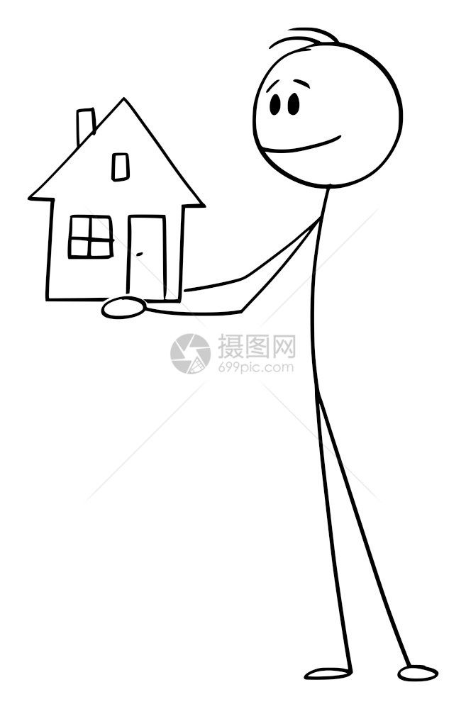矢量卡通插图解拥有小型家庭住房的微笑男子或商人的概念说明图片