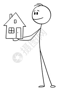 住房抵押贷款矢量卡通插图解拥有小型家庭住房的微笑男子或商人的概念说明插画