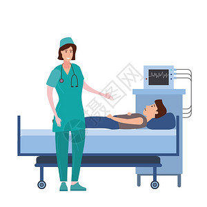 青年男性躺在床上使用平板电脑医疗队护士在床上为病人提供咨询医疗队护士在床上为生病的青年男人提供咨询医院病房住人医药和疗概念病媒图示平面卡通字符医院疗队护士在插画