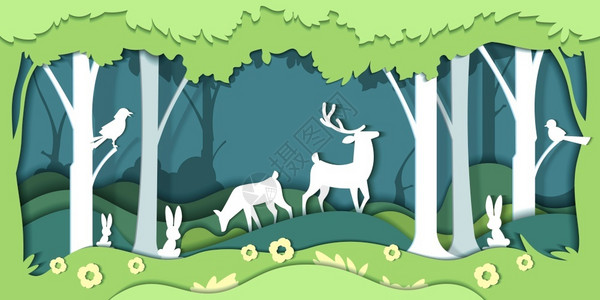 折纸风格森林与动物拯救世界矢量插画背景图片