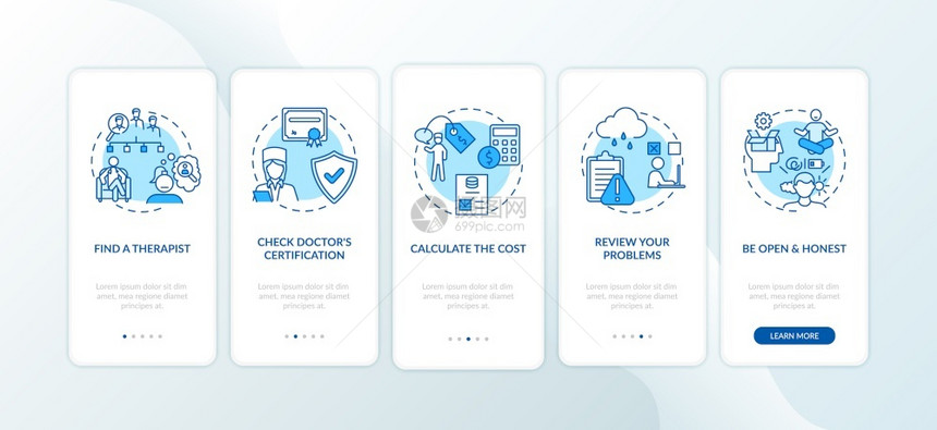 心理学家搜索行走5步的图形指示配有RGB颜色插图的UI矢量模板配有概念的治疗师帮助搜索在移动应用程序屏幕上图片