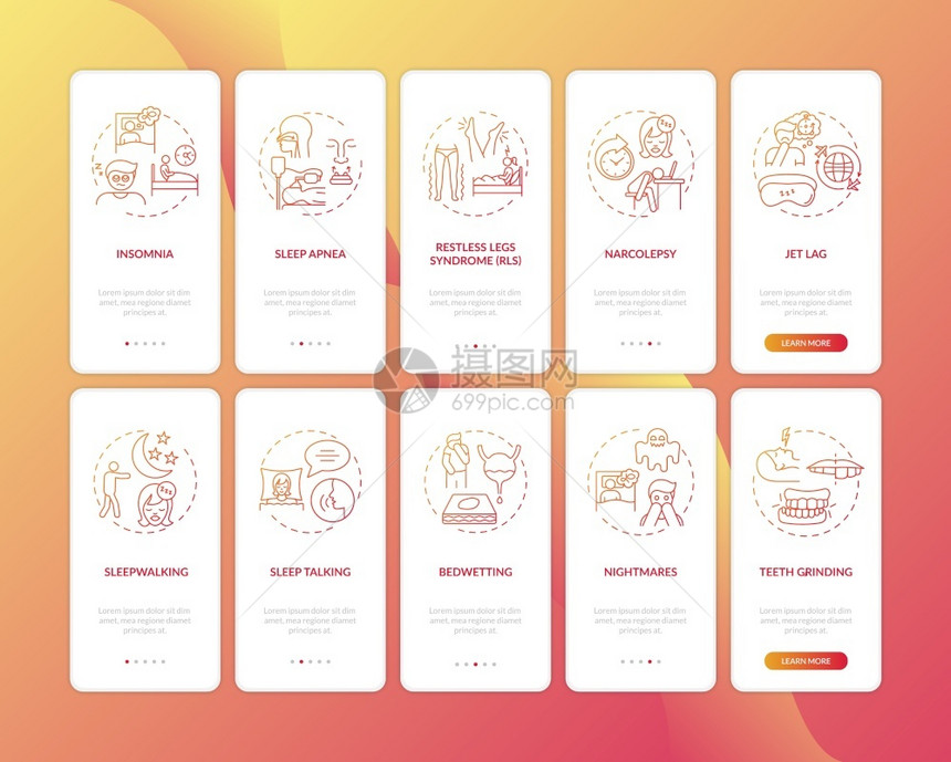 安装了概念设置的移动应用程序页面屏幕上沉睡障碍红色梯度Insomnia症状通过五步图形指示带有RGB颜色插图的UI矢量模板图片