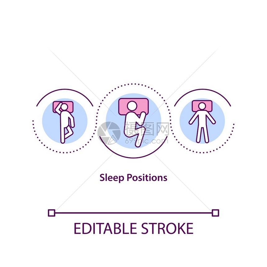 睡眠姿势概念图标健康休息失眠预防和治疗理念细线插图不同的午睡姿势矢量孤立大纲RGB颜色绘图可编辑中风睡眠姿势概念图标图片