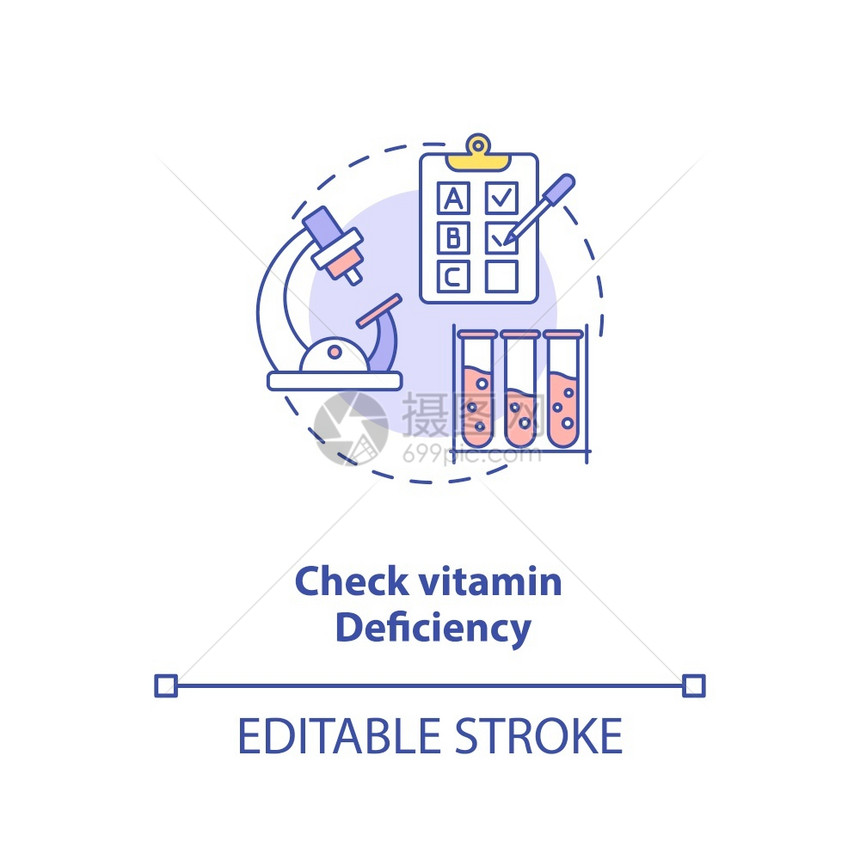 检查维生素缺乏症概念图标充分维生素摄入量概念的细线插图血压和手指刺测试矢量孤立大纲RGB彩色绘图可编辑中风检查维生素缺乏症概念图图片