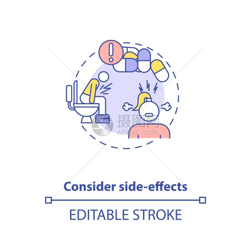 考虑副作用概念图标足够的维生素摄入量概念细线插图维生素和矿物质过量矢孤立大纲RGB彩色绘图可编辑中风图片