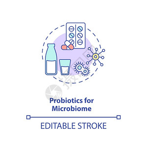 微生物群微生物概念图标的先生物需要补充思想的细线插图Gut微生物体试验和系统疾病矢量孤立的大纲RGB彩色绘图可编辑的中风微生物概念图标的插画