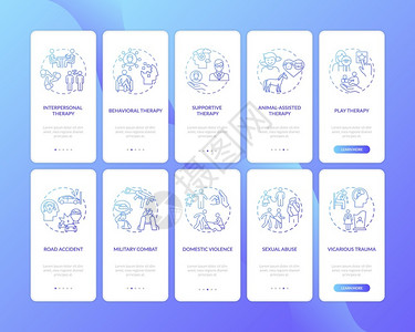 心理网站素材医疗通过5步图示指具有RGB颜色插图的UI矢量模板具有概念集的移动应用程序屏幕上出现心理疗法多样和PTSD原因插画