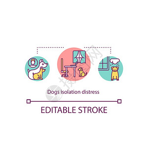 狗与隔离困苦概念图标隔离焦虑行为和情感问题孤独宠物想法细线插图矢量孤立大纲RGB颜色绘图可编辑的中风插画