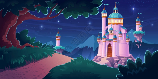 公主矢量夜间山上的粉红色魔法城堡插画