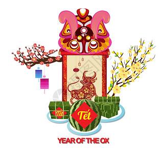 越南新年201烹饪平方大米蛋糕和开花牛年TetLunar翻译新年背景图片