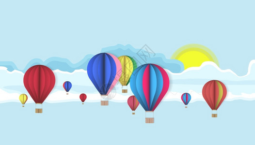 浮动气球折纸风格天空中的热气矢量插图插画