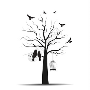 免抠鸟笼有笼子和鸟儿的树矢量元素插画