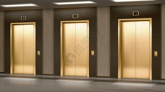 等待电梯金色电梯门关在走廊上矢量现实的空代办公室或旅馆内厅大豪华金电梯面板上有纽扣地在墙上显示金色电梯门闭在走廊上设计图片