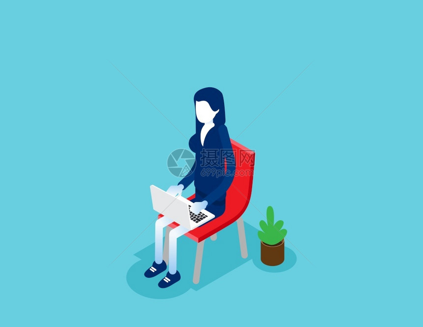 商业妇女坐着工作概念是商业办公室的矢量说明3D平面卡通人物风格设计图片