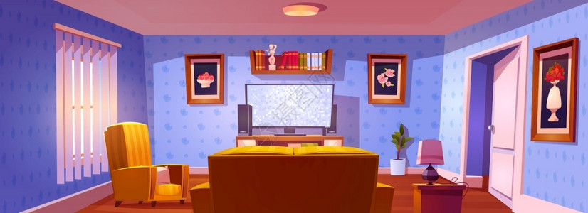 仿古家具图片室内客厅后视沙发椅子和光的电视屏幕用黄色沙发等离子电视书架和墙上图片展示休息室的矢量漫画插画