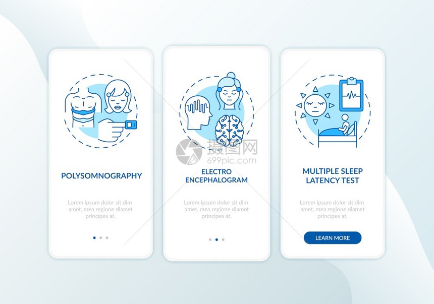 日间午睡研究蓝带概念的移动应用程序页面屏幕睡眠紊乱测试医疗检查通过三步图形指示带有RGB颜色插图的UI矢量模板白睡研究蓝带概念的图片