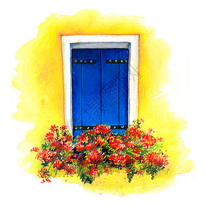 意大利威尼斯岛布拉诺的黄墙上有蓝色百叶窗和红花的户水彩画黄色墙上的蓝窗意大利威尼斯布拉诺背景图片