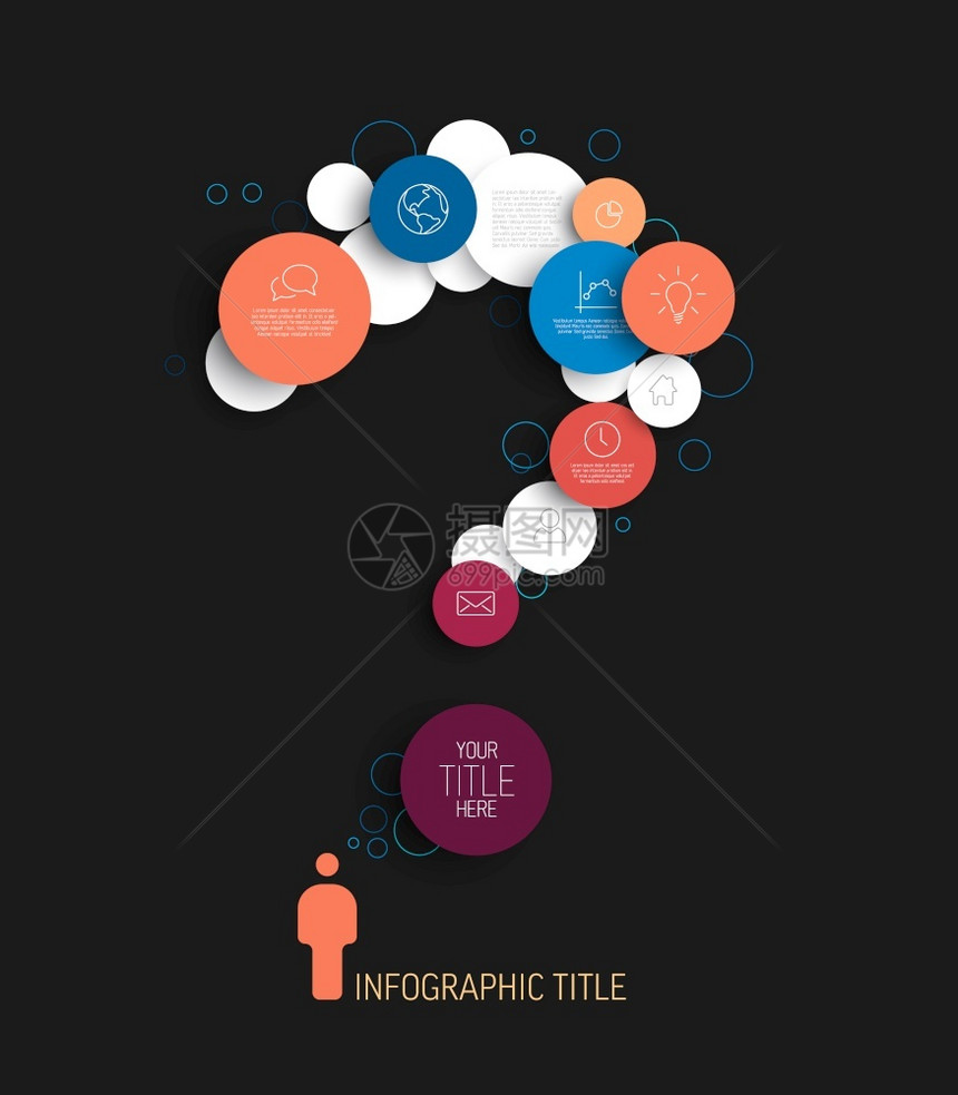 含内容位置的暗矢量抽象圆形图解信息片模板由蓝和红内容圆组成的问题标记图片